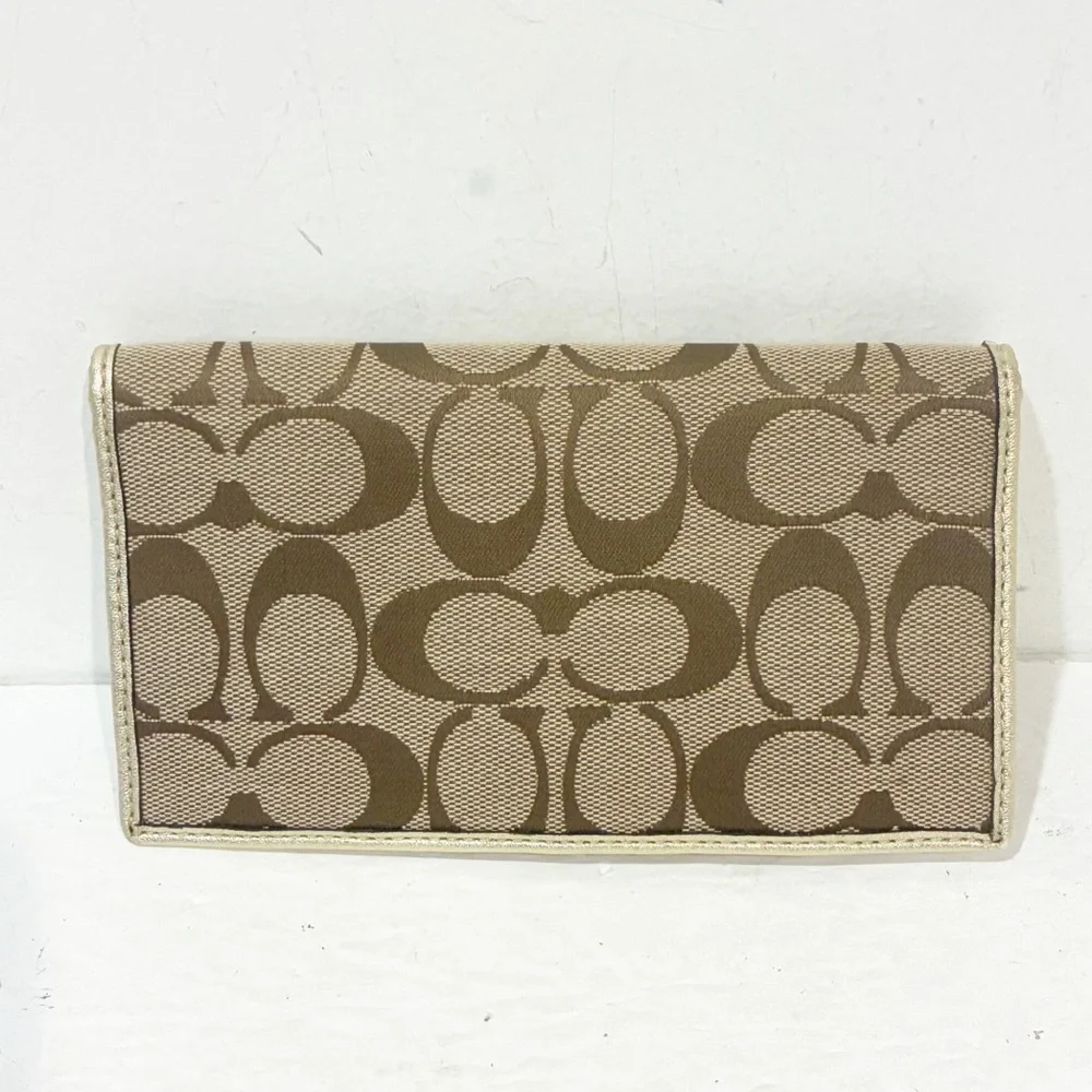 Coach Khaki Brown Gold Signature Cavas Logo Designer Wallet Checkbook Holder‎